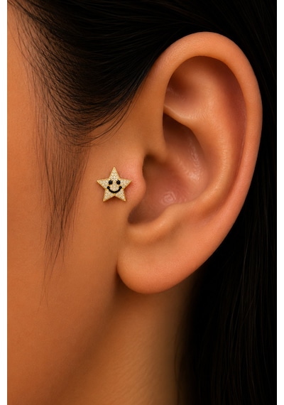 Sertifikalı 316l Çelik Gülen Yüzlü Taşlı Yıldız Figürlü Premium Altın Kaplama Tragus Ve Helix Pierci