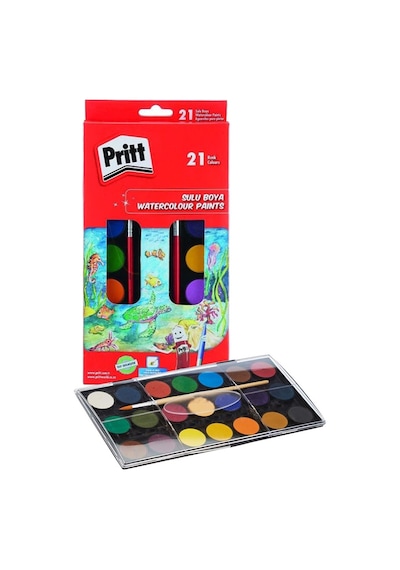 21 Renk Sulu Boya 1 Paket Fırça Hediyeli 21 Li Pritt Suluboya Canlı Renkler 28 Mm Boya Çapı Büyük Boy Çok Renkli