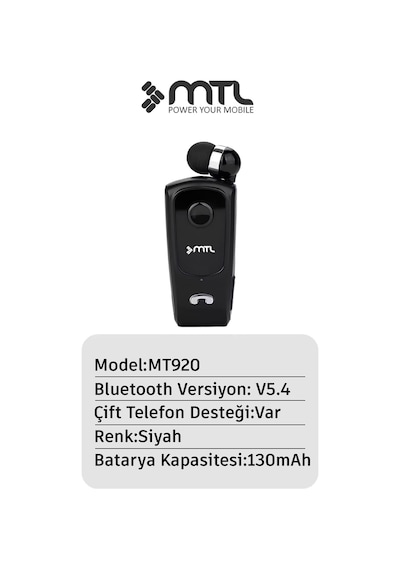Yaka Klipsli Mono Makaralı Bluetooth Kulaklık Çift Telefon Destekli Mt920