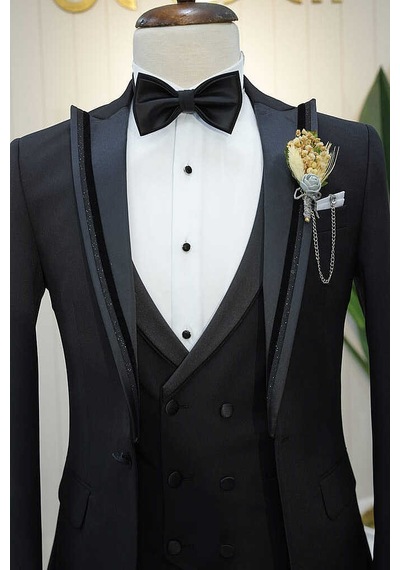 Bys Beystil Erkek Siyah Slimfit Yelekli Damatlık & Smokin 76016
