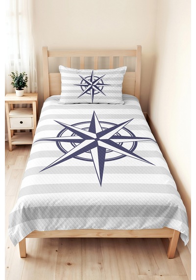 Pusula Marine Gri Genç Odası Tek Kişilik Pike Takımı-çizgili Modern Lacivert 160x220 Cm Yatak Örtüsü Gri