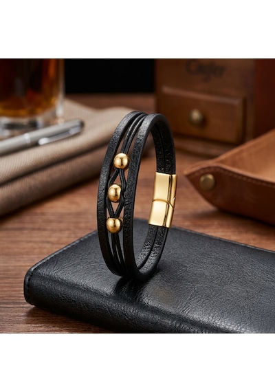 Premium Sarı Çelik Top Ve Siyah Deri Bileklik 31834b8d4 - 20 Cm Altın - Siyah