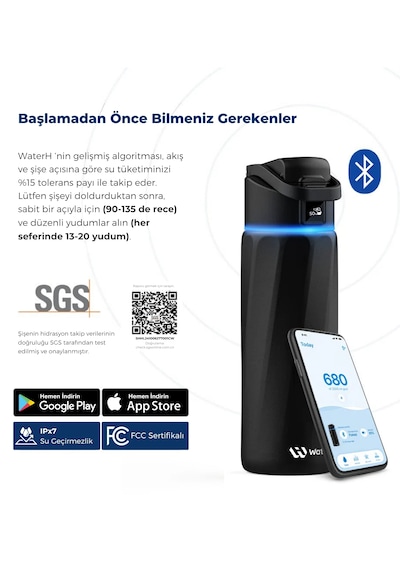 Waterh Boost Akıllı Termos Hidrasyon Takibi Yapan, Yalıtımlı 0,71l / 24oz Akıllı Şişe Siyah