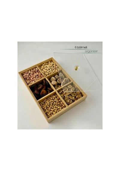 6 Bölmeli Ahşap Organizer,çerezlik,lokumluk,kahvaltılık,çay Poşeti,takı Kutusu,30x20 Cm,kulplu Kutu Bej