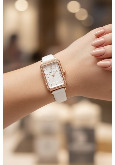 Daniel Klein Dke.1.13971.5 Beyaz Taşlı Dikdörtgen Deri Kordonlu Vintage Kadın Kol Saati Rose Gold
