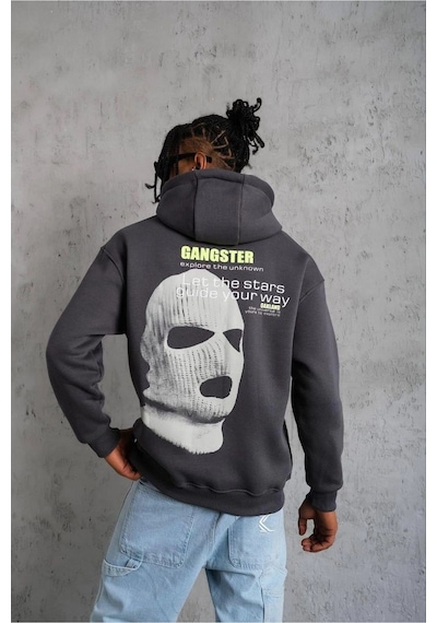 Erkek Baskılı Kapüşonlu 3 İplik Pamuklu Hoodie Sweatshirt - Gri
