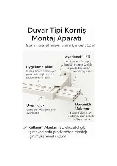 Perde Rayı Korniş L Ayak Montaj Aparatı, Duvara Uyumlu, Ayarlanabilir, 2 Ve 3 Raylı Kornişler İçin, Sert Plastik Diğer