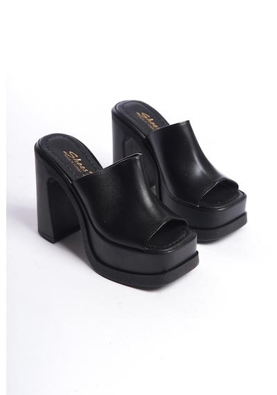 Preshley Kadın Marci Siyah Geniş Bantlı 12 Cm Platform Topuklu Terlik Siyah