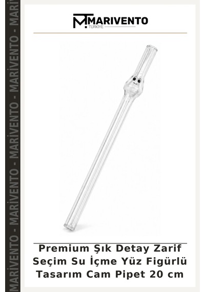 Premium Şık Detay Zarif Seçim Su İçme Yüz Figürlü Tasarım Cam Pipet 20 Cm Çok Renkli