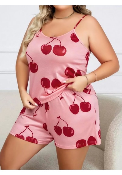 Naam Büyük Beden Pembe Kiraz Desen İnce Askılı Pamuklu Şortlu Pijama Takımı Çok Renkli