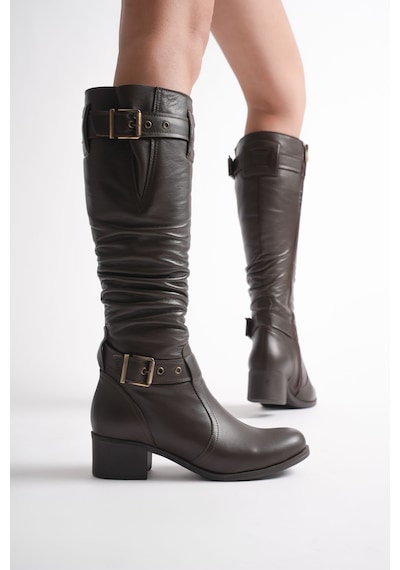 Analin Shoes Kadın Hakiki Deri Körüklü Ayarlanabilir Tokalı Çizme Kahve