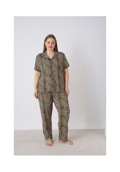 Estiva Kadın Kaplan Desenli Kahverengi Kısa Kollu Önden Düğmeli Soft Battal Pijama Takımı Çok renkli