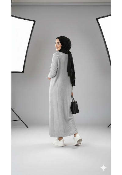 Sonbaharmoda Kadın Uzun Triko Elbise %100 Akrilik Bisiklet Yaka Rahat Ve Şık Kışlık Model Gri