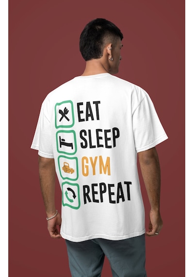 Eat Sleep Gym Repeat Bodybuilding Sırt Baskılı Unisex Oversize Fi Beyaz