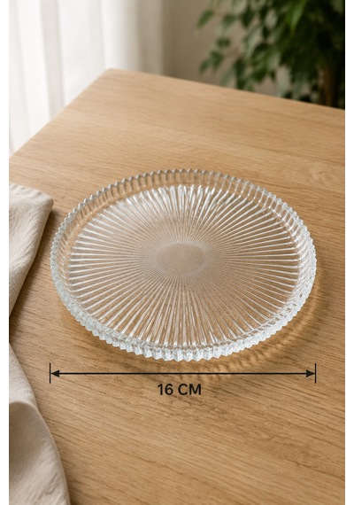6 Adet Çizgili Cam Pasta Tabağı Seti 16 Cm Tatlı, Kek Ve Sunum Tabağı Şeffaf