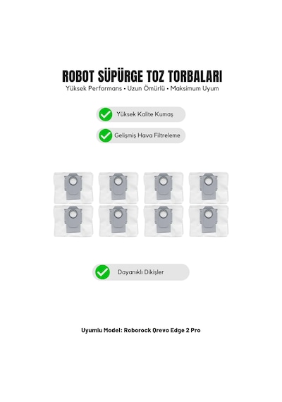 Roborock Qrevo Edge 2 Pro İle Uyumlu 8'li Toz Torbası 20.0