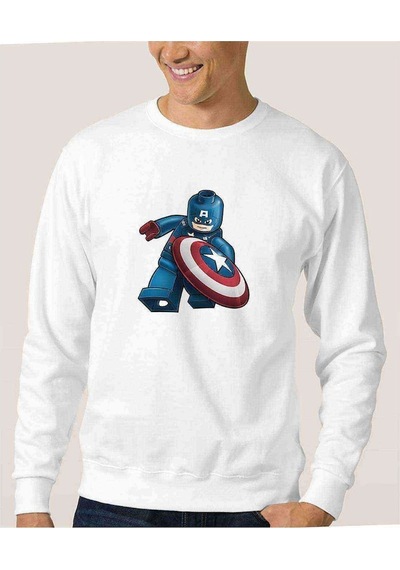 Captain America Lego Baskılı Beyaz Erkek Örme Sweatshirt