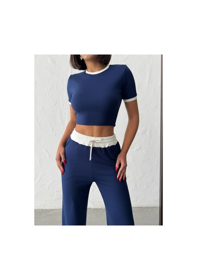 Evoa Kadın Lacivert Biye Detaylı Bisiklet Yaka Bluz & Bol Paça Pantolon Takım Lacivert Lacivert Evoa Kadın Lacivert Biye Detaylı Bisiklet Yaka Bluz & Bol Paça Pantolon Takım Lacivert Lacivert