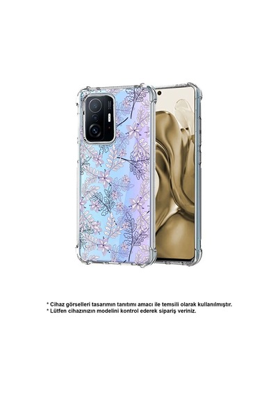 Vivo Y16 Uyumlu Köşe Korumalı Floral Lila Tasarımlı Şeffaf Silikon Kılıf