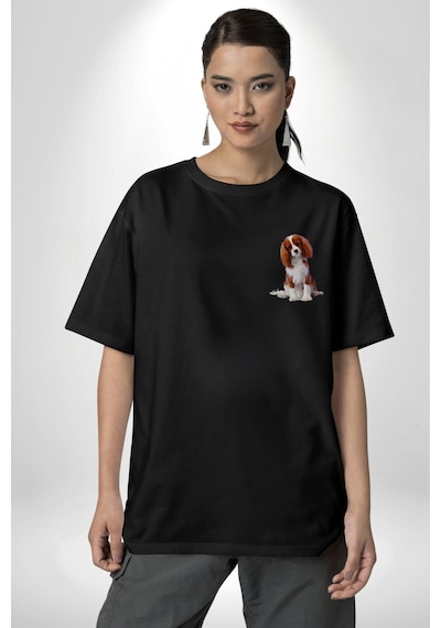 Cavailer King Charles Spaniel Karate Siyah Oversize Unisex Ön Ve Sırt Baskılı Tişört Siyah