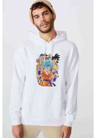 Anime Dragon Ball Baskılı Beyaz Erkek Örme Kapşonlu Sweatshirt (531036284)