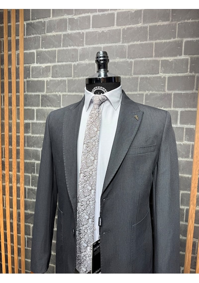 Dupont Classics Dupont Slim Fit Sivri Yaka 6 Drop Çift Yırtmaç Torba Cep Puntolu 2'li Takım Elbise Koyu Gri