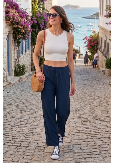 Lela Regular Fit Normal Bel Geniş Paça Bayan Pantolon 5866117 Indigo