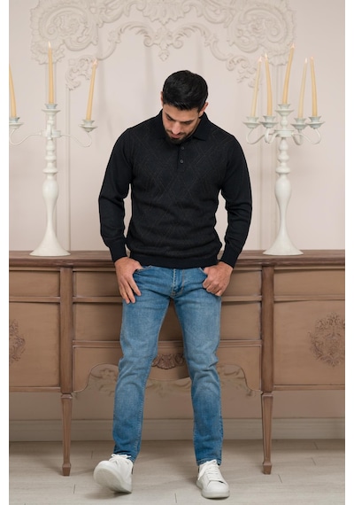 Woolen World Polo Yaka Desenli Yünlü Erkek Triko Kazak Lacivert
