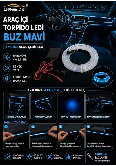 Dacia Duster Prestige Araç İçi Torpido Ledi Buz Mavi 2 Metre Neon Ip Şerit Led