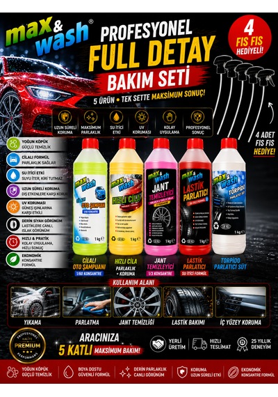 Max&wash 5'li Profesyonel Full Detay Bakım Seti Cilalı Oto Şampuan + Hızlı Cila + Jant Temizleyici + Lastik Parlatıcı + Torpido Parlatıcı 4 Fıs Fıs Hediyeli