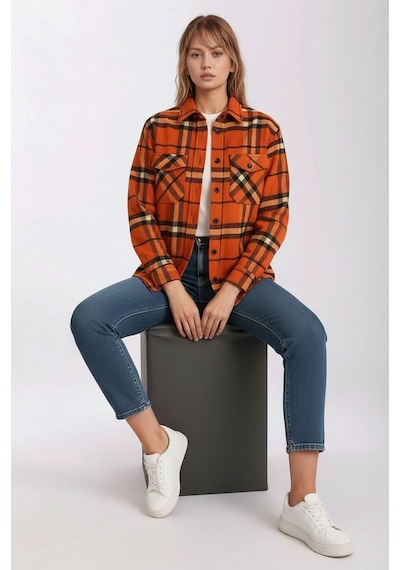 Mamayaga Kadın Desen Bloklu Oduncu Oversize Bol Ve Geniş Kalıp Casual Cepli Yakalı Ceket Gömlek Turuncu