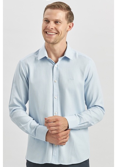 İmza Koyu Mavi Uzun Kol Kendinden Desenli Armürlü 032 Sert Yaka Casual Slim Fit Gömlek 1004240249 Koyu Mavi
