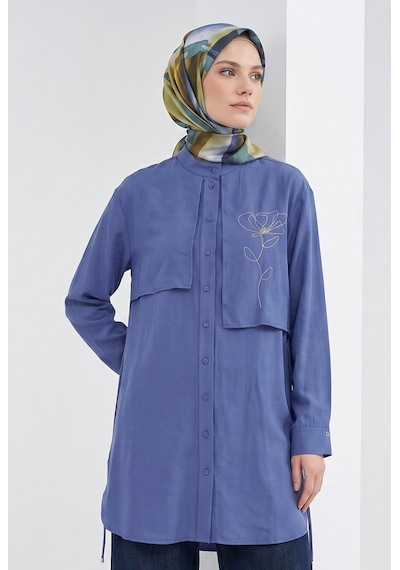 Armine Trend Aller Detaylı Beli İpli Çiçek Desen İşlemeli Tunik İndigo 26yt407