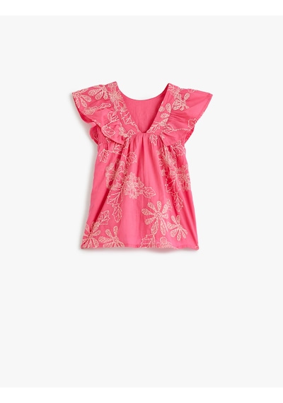 Koton Elbise Çiçek İşlemeli Kolsuz Fırfır Detaylı Yuvarlak Yaka Pamuklu Pembe Desenli 4smg80036aw Pembe