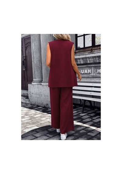 Butik İstanbul Kadın Kolsuz Önü Açık Yakalı Cepli Janjan Krep Yelek Ve Pantolon Ikili Takım Bordo