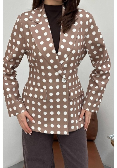 Cemo Kadın Puantiyeli Tek Düğmeli Blazer Ceket Camel