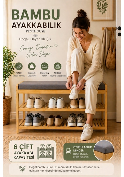 Bambu Ayakkabılık Oturmalı Minderli 2 Raflı 6 Çift Kapasiteli Şık Ve Dayanıklı Ayakkabı Rafı Ahşap