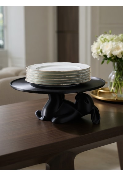 Dekoratif Tavşan Figürlü Tatlı Tabağı Standı Pasta Standı Mutfak Servis Standı 15x15 Şık Hediye Siyah
