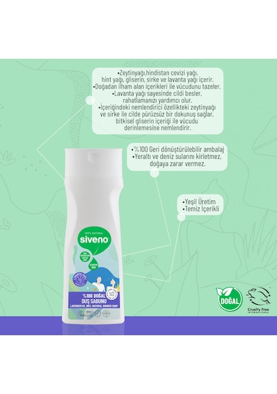 Siveno %100 Doğal Duş Sabunu Lavanta Kokulu Duş Jeli 6 Değerli Bitki Vegan 300 ML