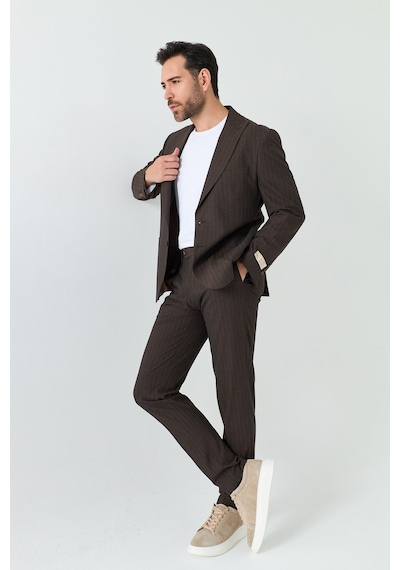 Kahverengi Çizgili 6 Drop Erkek Slim Fit Takım Elbise Kahve