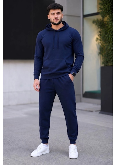 Moda Erkek İki İplik Kapüşonlu Kanguru Cepli Sweatshirt Jogger Pantolon Alt Üst Eşofman Takımı - Lacivert Çok Renkli