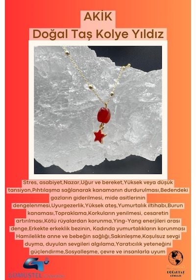 Sertifikalı Akik Doğal Taş Tasarım Kolye El Yapımı Kırmızı Yıldız Obje Detaylı Çok REnkli