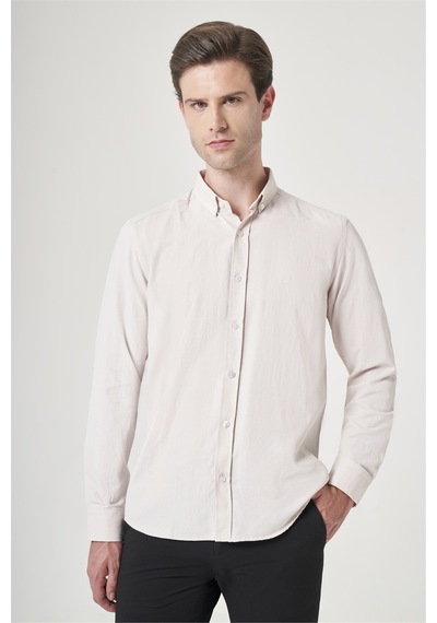 İmza Bej Düğmeli Yaka Oxford Slim Fit Pamuklu Gömlek 1004265284 Koyu Bej