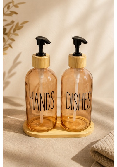 Relly Bambu Standlı İkili Cam Sabunluk Seti 2 X 500 Ml Hands & Dıshes Turuncu