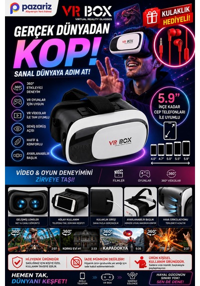 Sanal Gerçeklik Gözlüğü Set 360 Vr Evde Eğlence Paketi Kulalkık