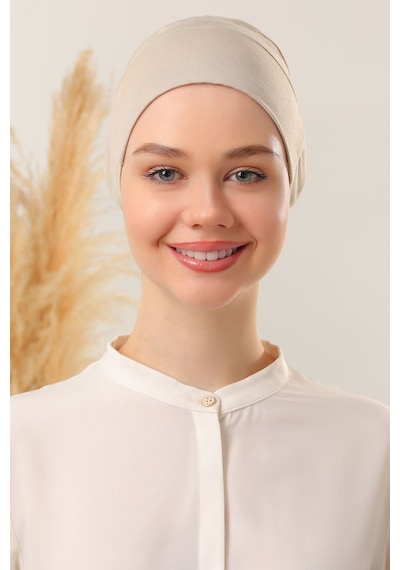 Melodi Scarf Kadın Tesettür Dikişli Set Bone Bej 5 Adet Bağlamalı Penye Bone Bej