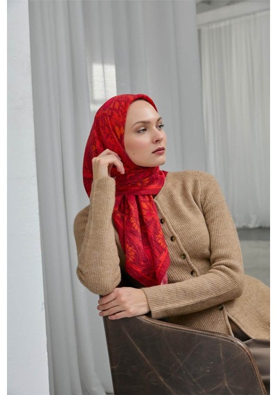 Silk Home Viskon Velora Eşarp Kırmızı Nar Çiçeği Desenli Tok Duruşlu Dört Mevsim 90x90 Çok Renkli