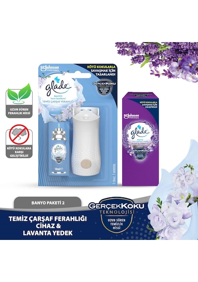 Glade Banyo Cihaz + Yedek Temiz Çarşaf Ferahlığı ve Yedek Lavanta Seti