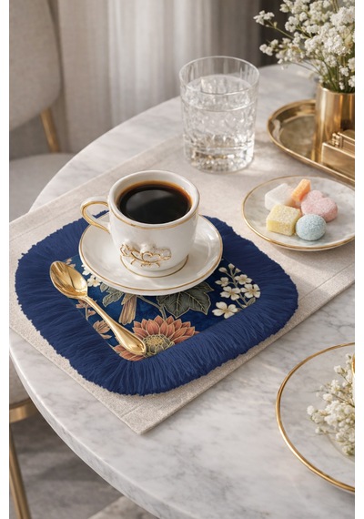 Lüks Kuş Çiçek Motifli Saçaklı Sunum Peçetesi - Vintage Rustik Lacivert Bardak Altlığı Mendil Çok Renkli