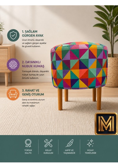 Diday Gökkuşağı Puf F Trend Puf Koltuk Puff Bench Dekoratif Bohem Doğal Gürgen Ayak Amaçlı Bahçe Balkon Çok Renkli